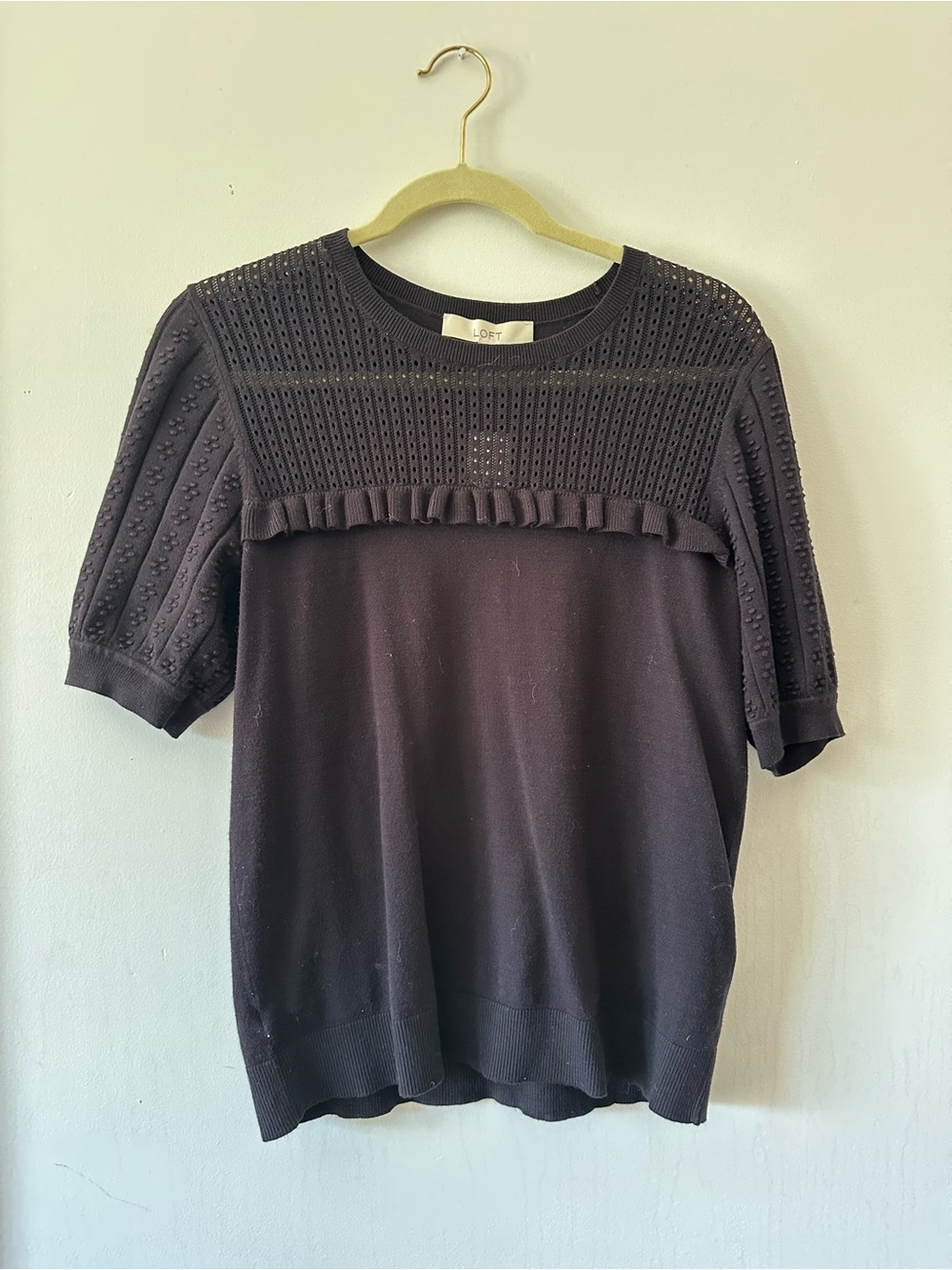 LOFT Black Short-Sleeve Knit Top with ruffles NWT